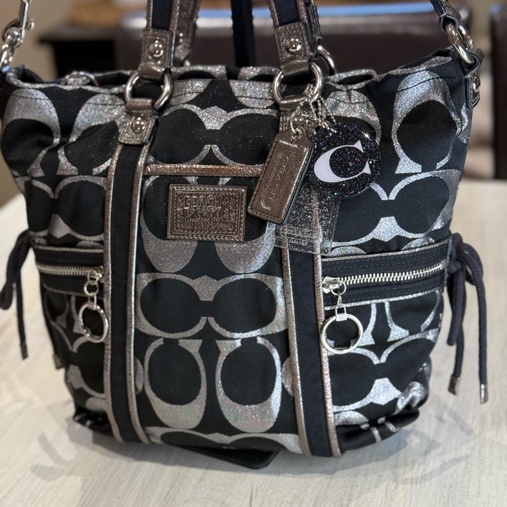 Coach Signature Poppy Tote Bag in Black and Silver